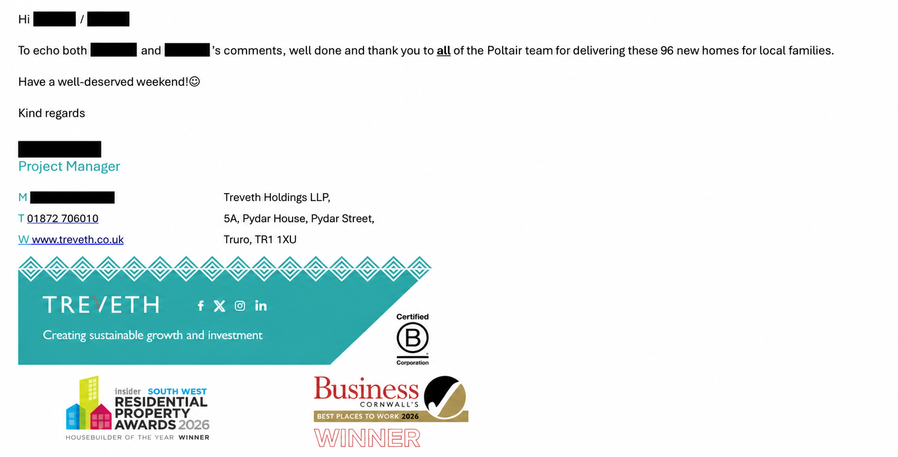 Client email from Treveth Holdings LLP thanking the Poltair team for delivering 96 homes. Personal names and mobile number redacted; meter-reading paragraph removed.