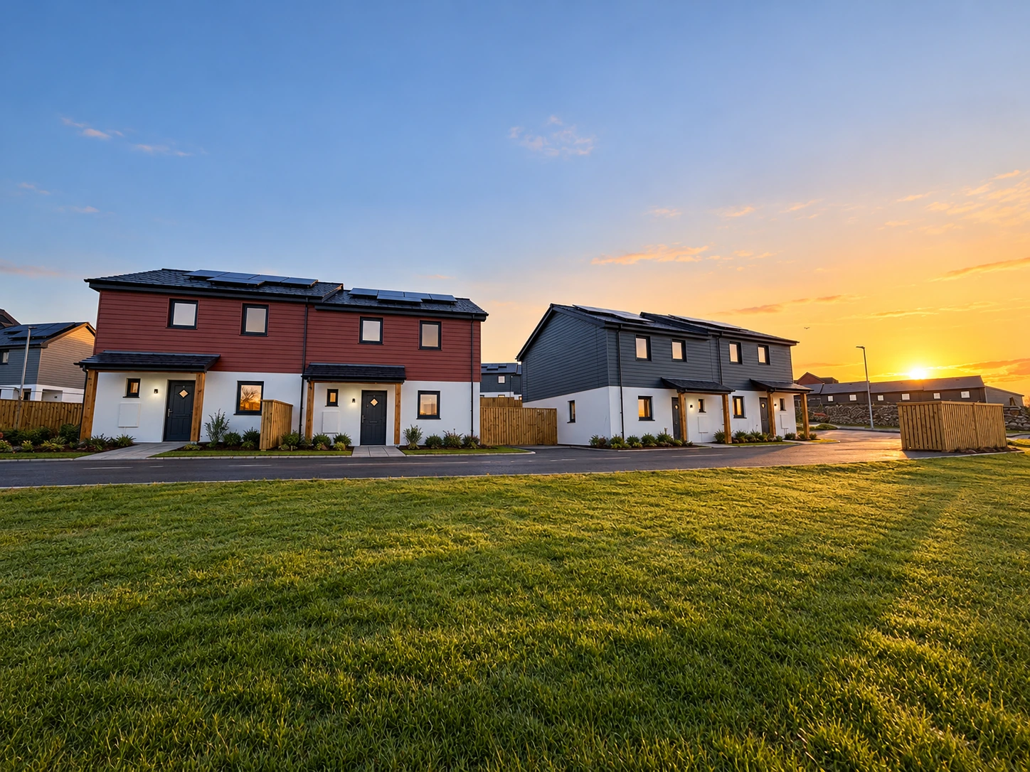 New homes at Trevithick Manor Farm, Newquay, with red and grey cladding at sunset; foreground landscaping digitally enhanced.